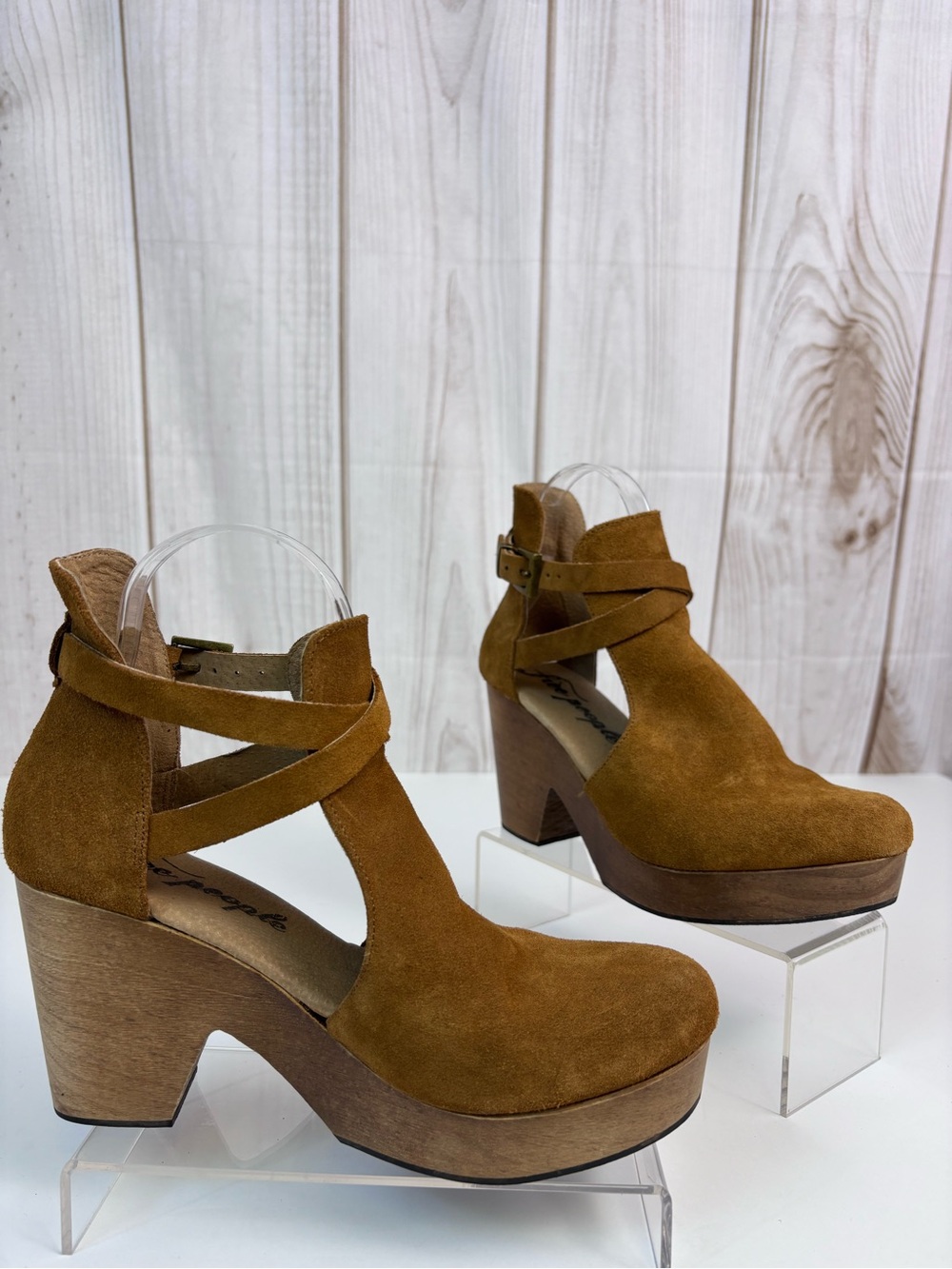 Free People Clog Heels Suede Chunky Wood Platform Block Heel Shoe Brown Sz 39/9 - Picture 2 of 16
